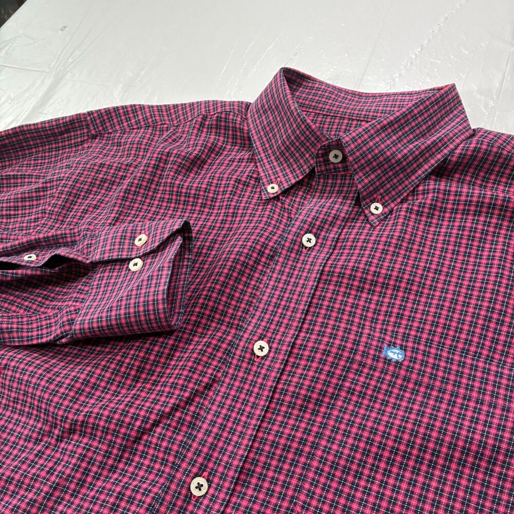 Southern Tide Button Up Gingham Red Blue Men's Medium Preppy